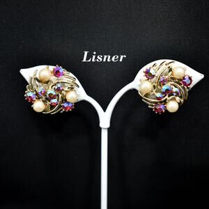 Vintage Lisner AB Red Rhinestone Earrings, Faux Pearls, Screw Backs, 1950s